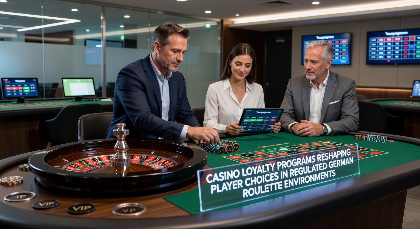 Illustration von Casino-Treueprogrammen mit Roulette-Tischen und VIP-Stufen in einem regulierten deutschen Umfeld