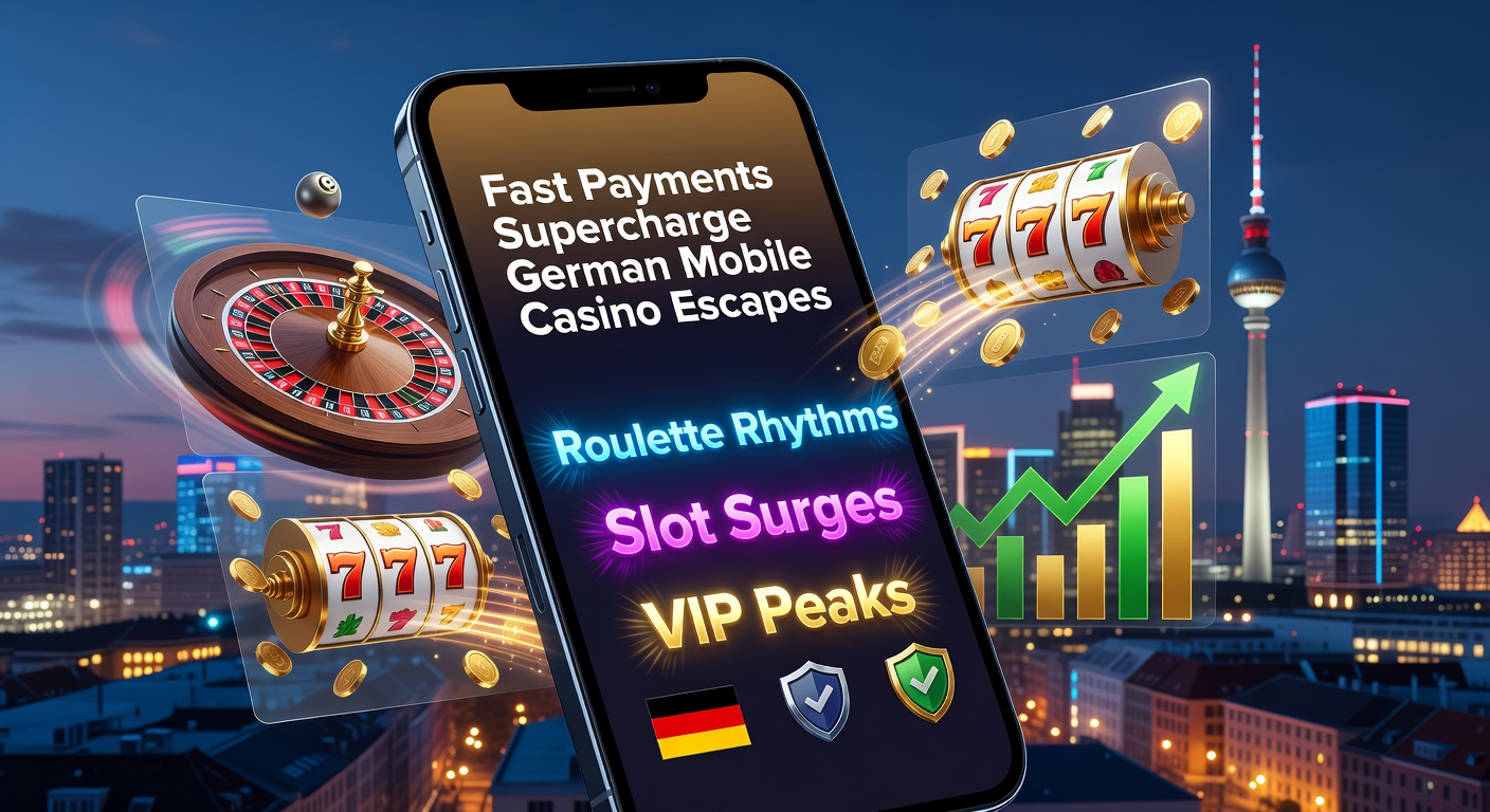 Smartphone mit Roulette-Rad und blitzschnellen Zahlungssymbolen auf einem dynamischen Mobile-Casino-Hintergrund