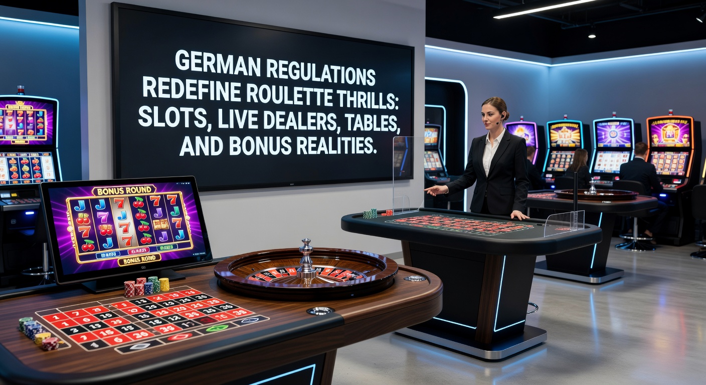 Ein modernes Roulette-Rad vor dem Hintergrund deutscher Flagge und regulatorischer Dokumente, das die neuen Vorschriften symbolisiert