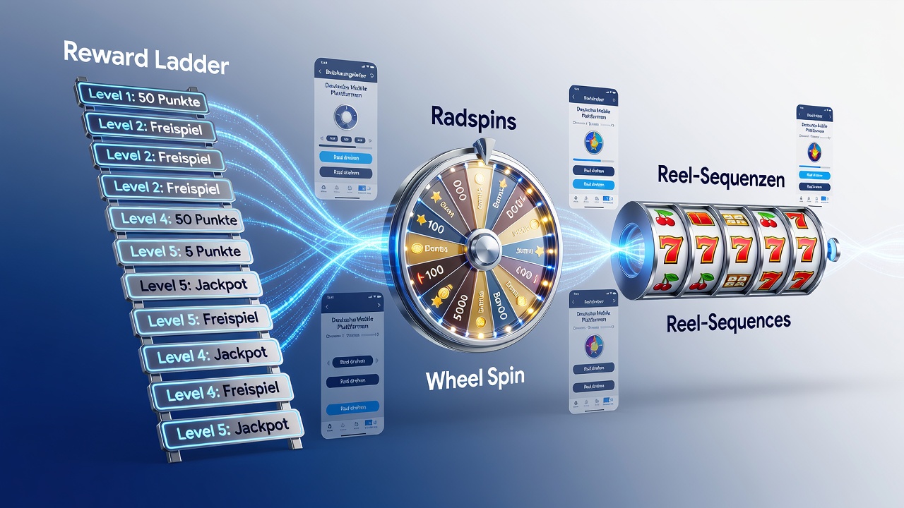 Illustration von gestaffelten Belohnungssystemen die Roulette-Räder und Slot-Walzen auf mobilen Geräten verbinden