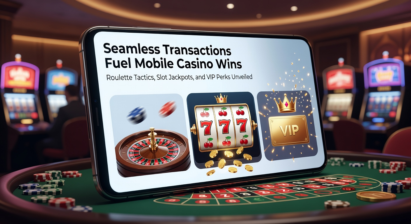 Smartphone mit mobilem Casino-App, das nahtlose Zahlungen und Roulette-Spiele zeigt, während Jackpots im Hintergrund glänzen