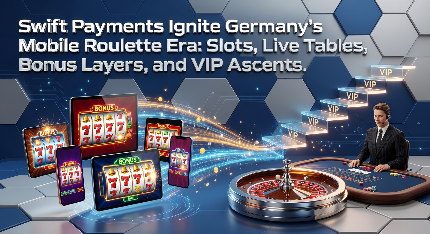 Smartphone mit Roulette-App und schnellen Zahlungsoptionen auf dem Bildschirm, umgeben von Slots-Symbolen und Live-Dealer-Elementen