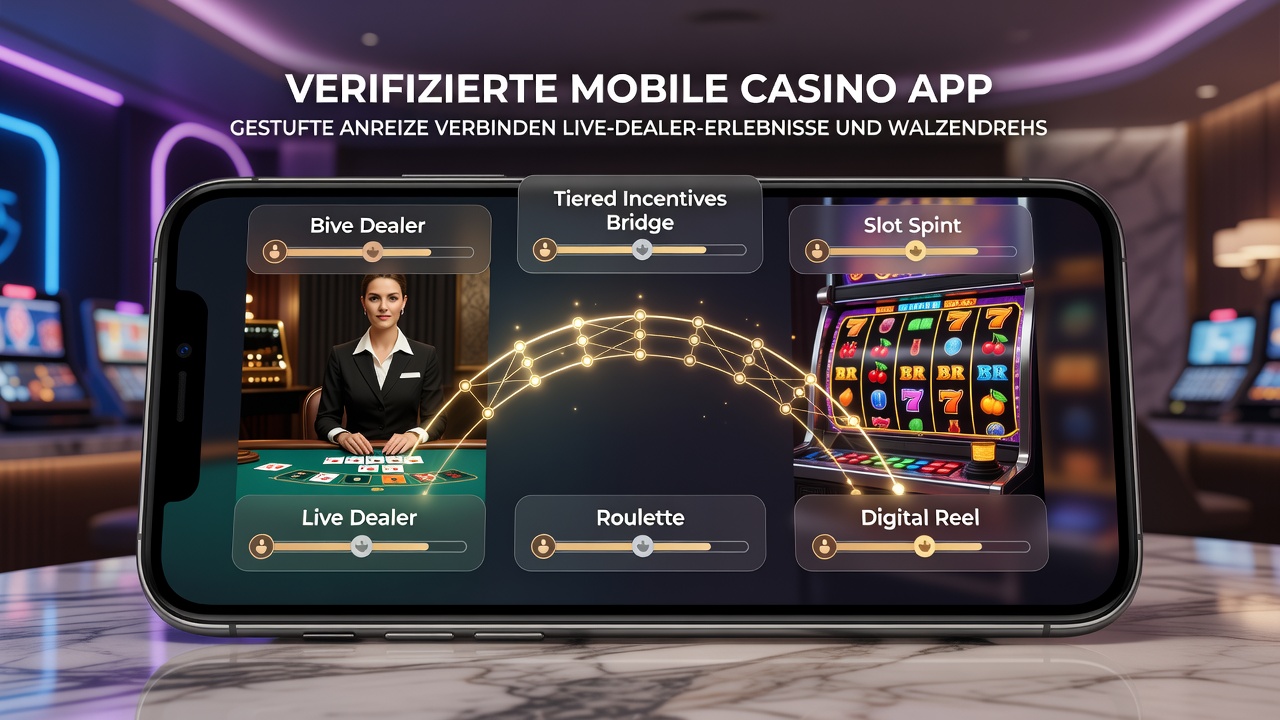Smartphone-Ansicht zeigt parallel laufende Live-Dealer-Runde und Slot-Sequenz mit aktiver Bonusleiste in einer deutschen Casino-App