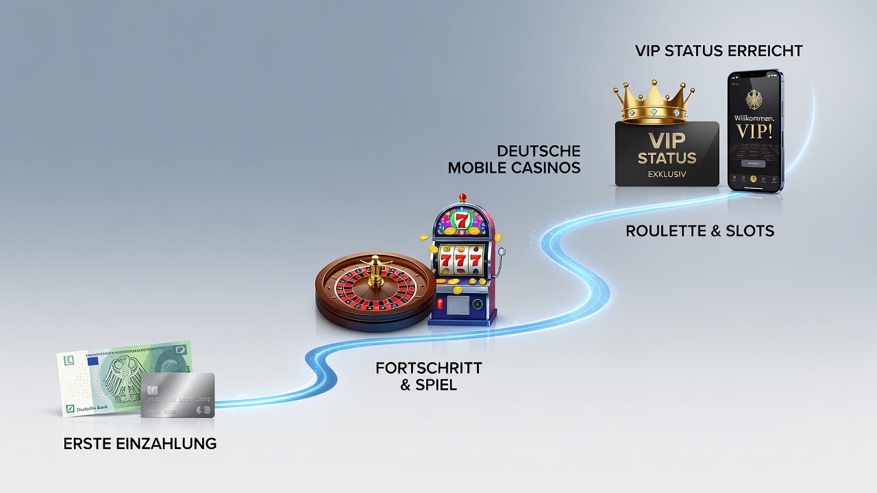 Smartphone zeigt VIP-Status Fortschrittsbalken mit Roulette und Slot Symbolen sowie Treuepunkte Anzeige
